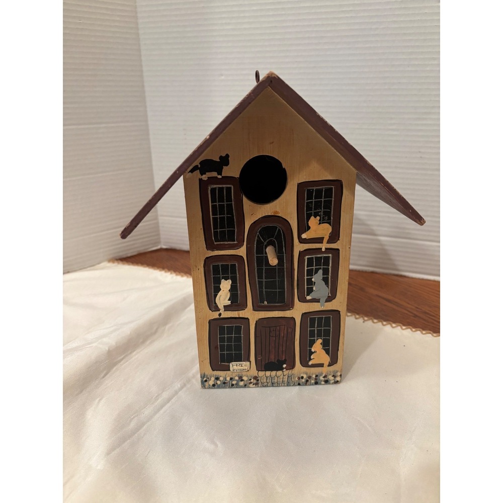 Vintage Hand Painted Wooden Birdhouse Cat House Decor Whimsical Folk Art Brown